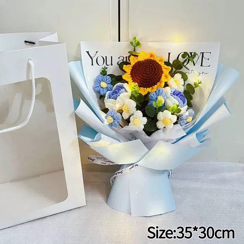 00821 Crochet Flower Bouquet – Handmade Sunflower & Rose Knitted Gift