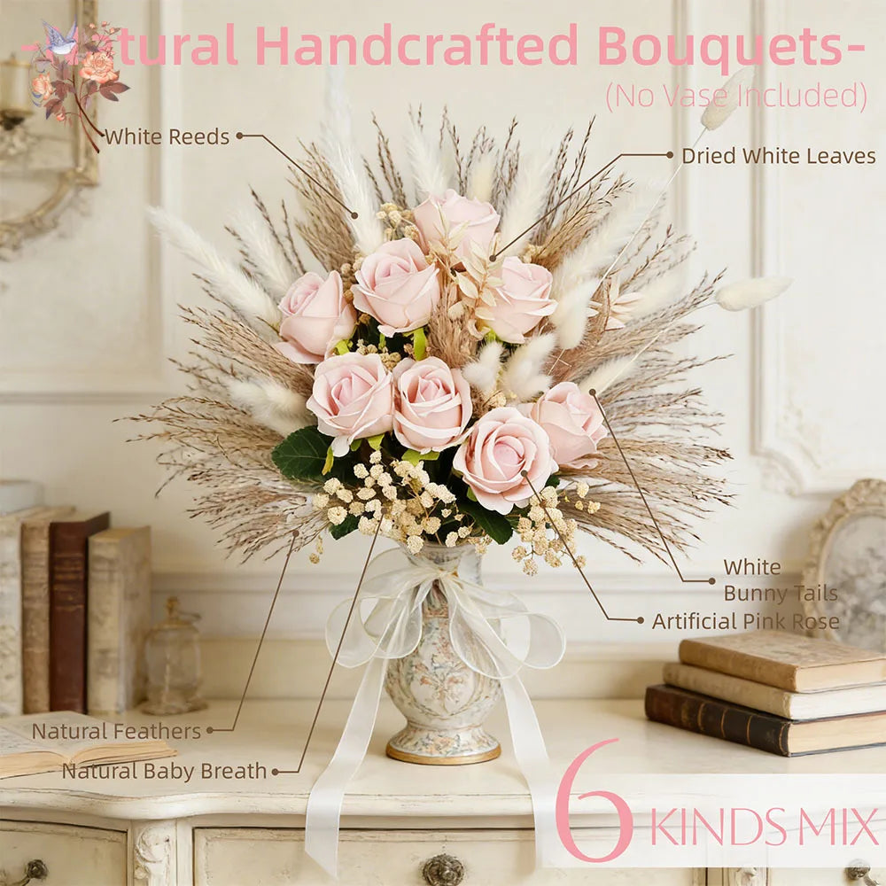 0076 Dried Artificial Flowers Pink Rose Pampas for Wedding Bridal Bouquet Head Table Florals Natural Gypsophila Valentine's Day Gifts