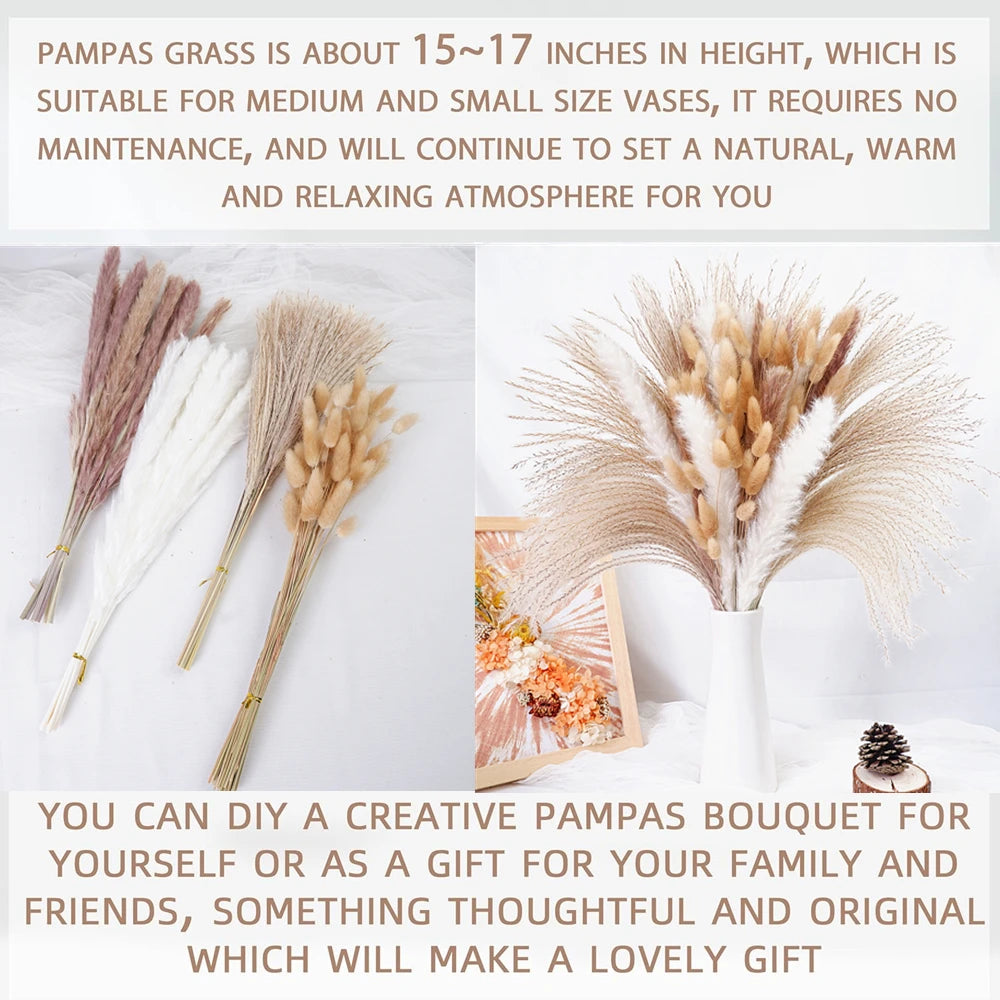0091 Dried Pampas Grass Bouquet – 80–110 Pcs with Bunny Tails & Reed Grass for Wedding & Boho Décor
