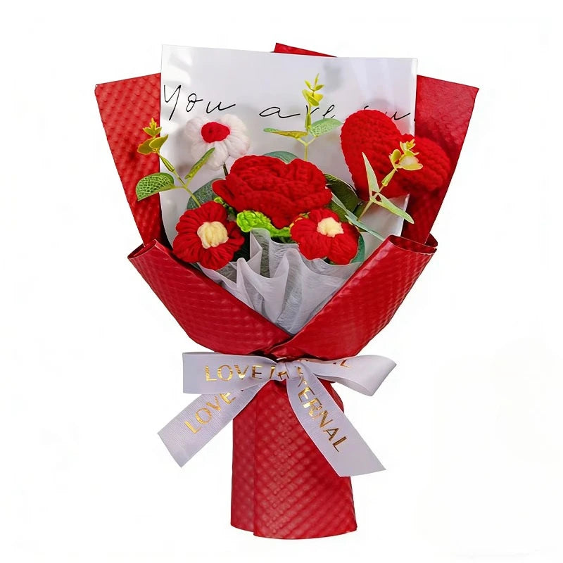 0085 Knitted Rose Bouquet – Heart Crochet Flowers for Mother’s Day & Graduation