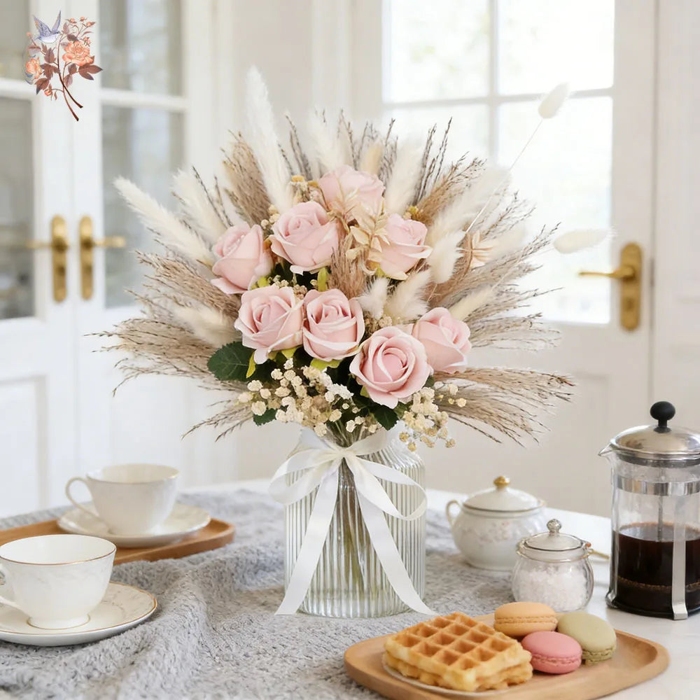 0076 Dried Artificial Flowers Pink Rose Pampas for Wedding Bridal Bouquet Head Table Florals Natural Gypsophila Valentine's Day Gifts