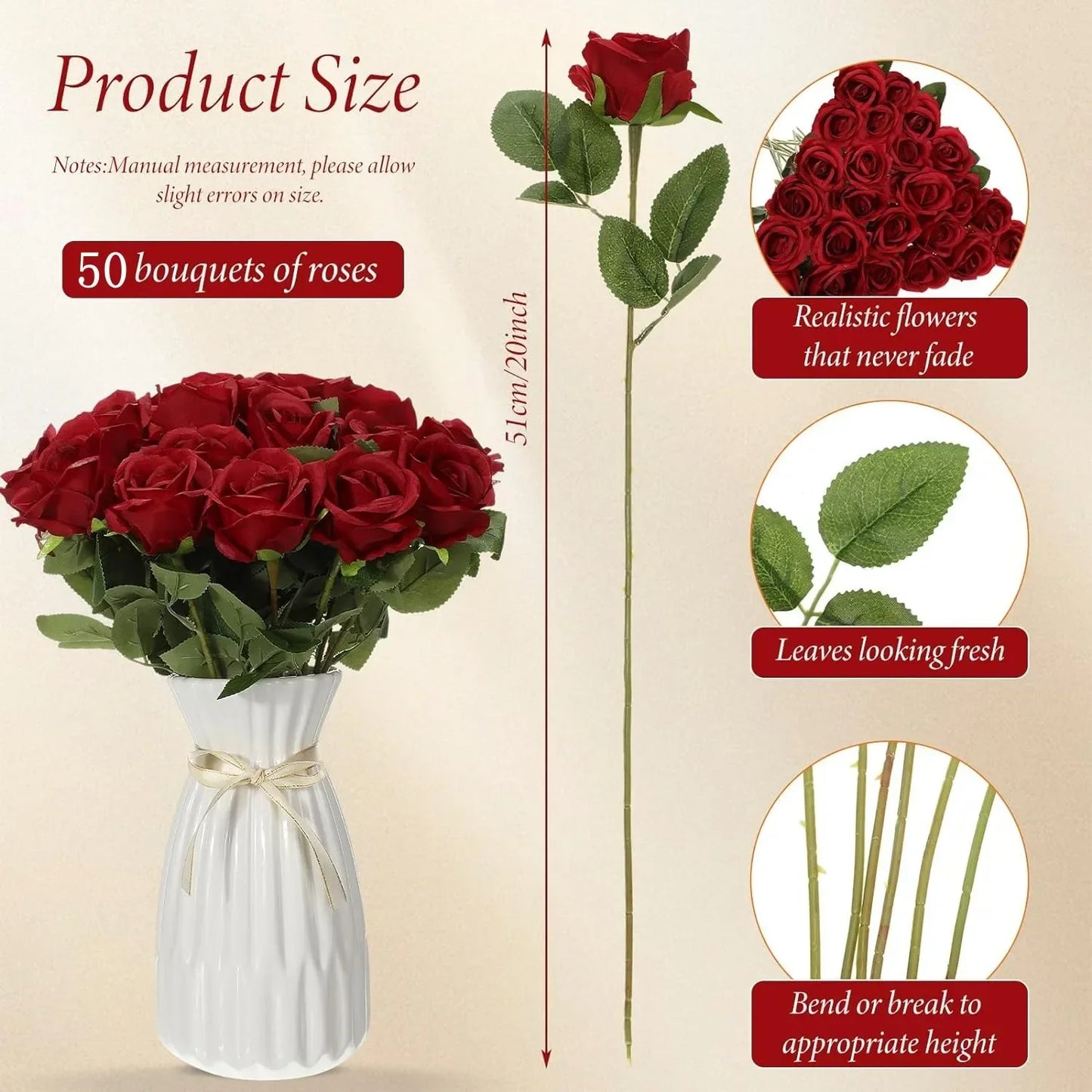 0087 50 Pcs Velvet Artificial Roses – Real Touch Fake Flowers for Wedding, Valentine’s & Home Décor
