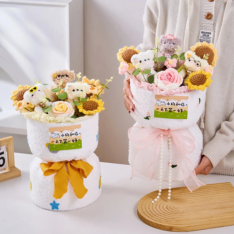 0083 Crochet Flower Bouquet – Handmade Sunflower & Rose Knitted Gift