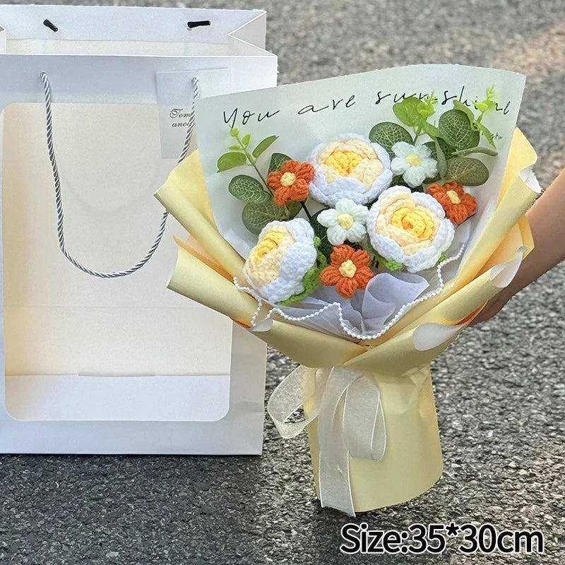 00821 Crochet Flower Bouquet – Handmade Sunflower & Rose Knitted Gift