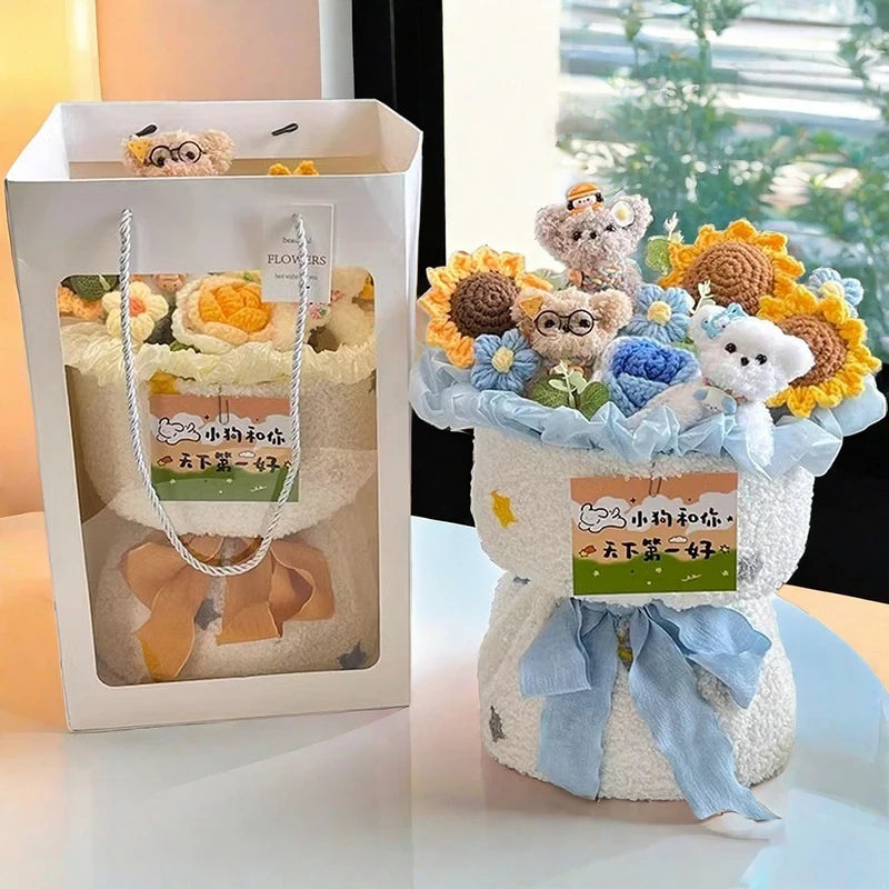 0083 Crochet Flower Bouquet – Handmade Sunflower & Rose Knitted Gift