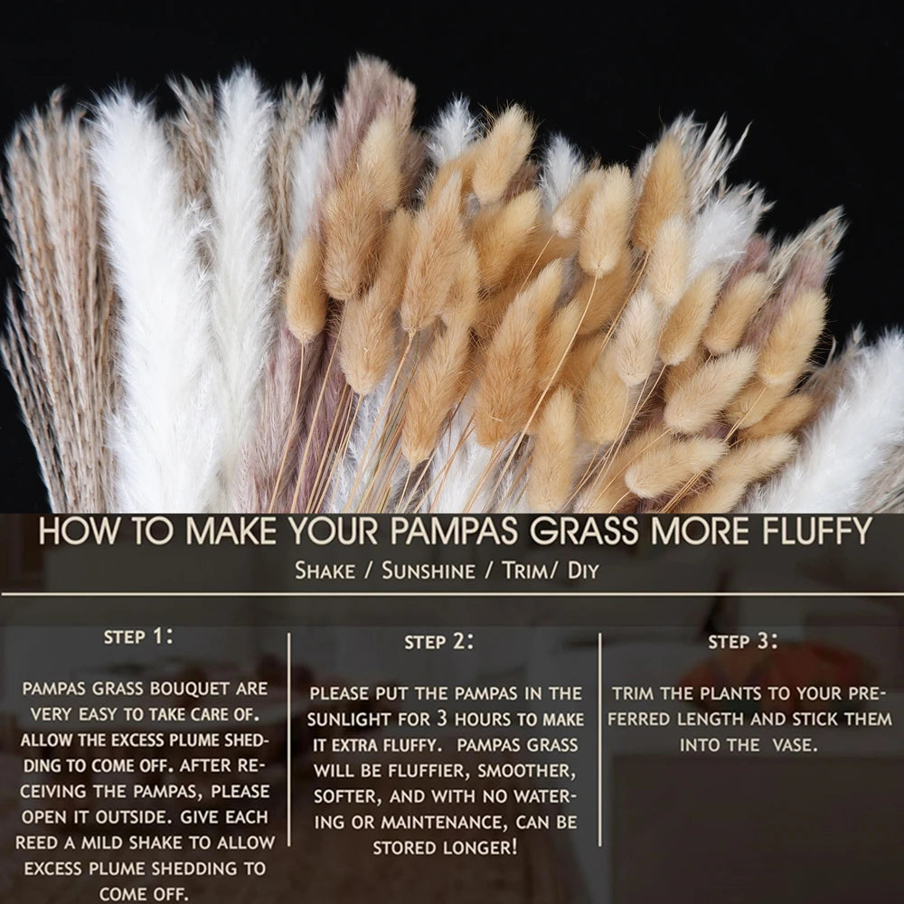 0091 Dried Pampas Grass Bouquet – 80–110 Pcs with Bunny Tails & Reed Grass for Wedding & Boho Décor