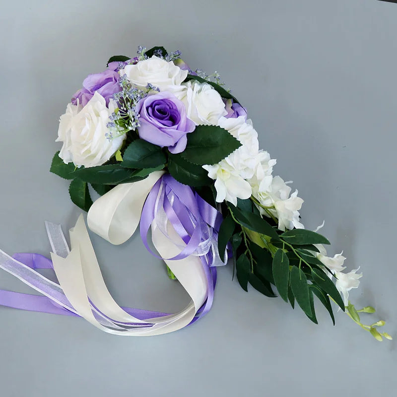 0088 Waterfall Wedding Bridal Bouquet – Hand-Tied European Rose Artificial Flowers for Bridesmaids & Parties