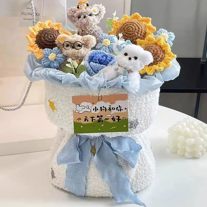 00821 Crochet Flower Bouquet – Handmade Sunflower & Rose Knitted Gift