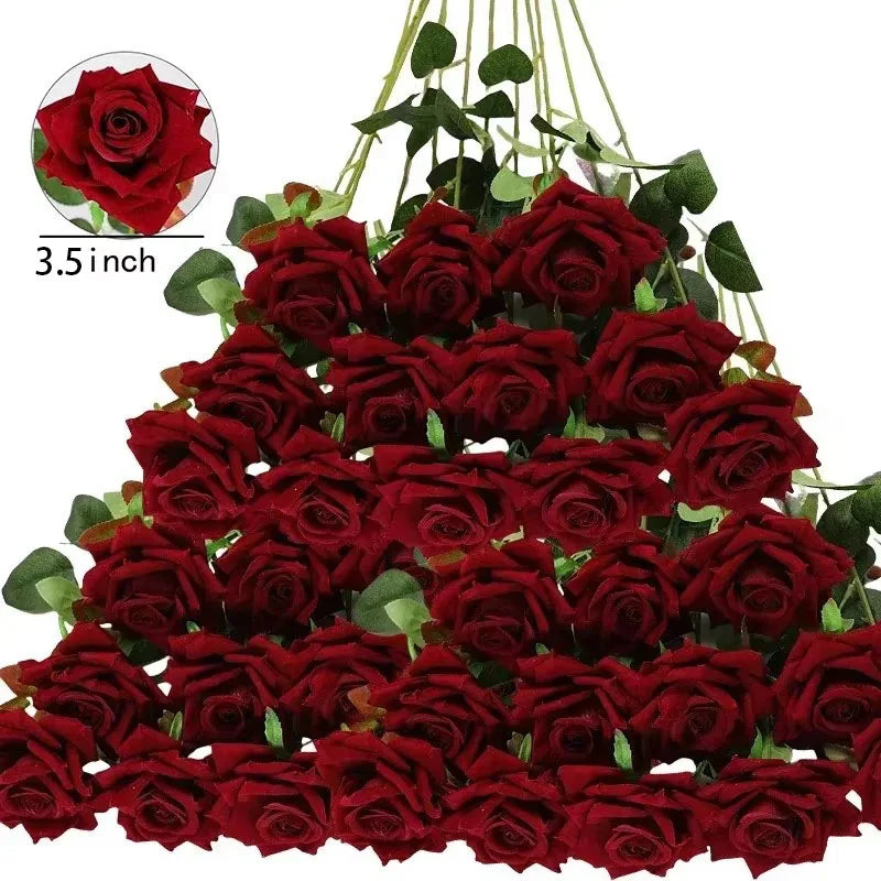 0087 50 Pcs Velvet Artificial Roses – Real Touch Fake Flowers for Wedding, Valentine’s & Home Décor