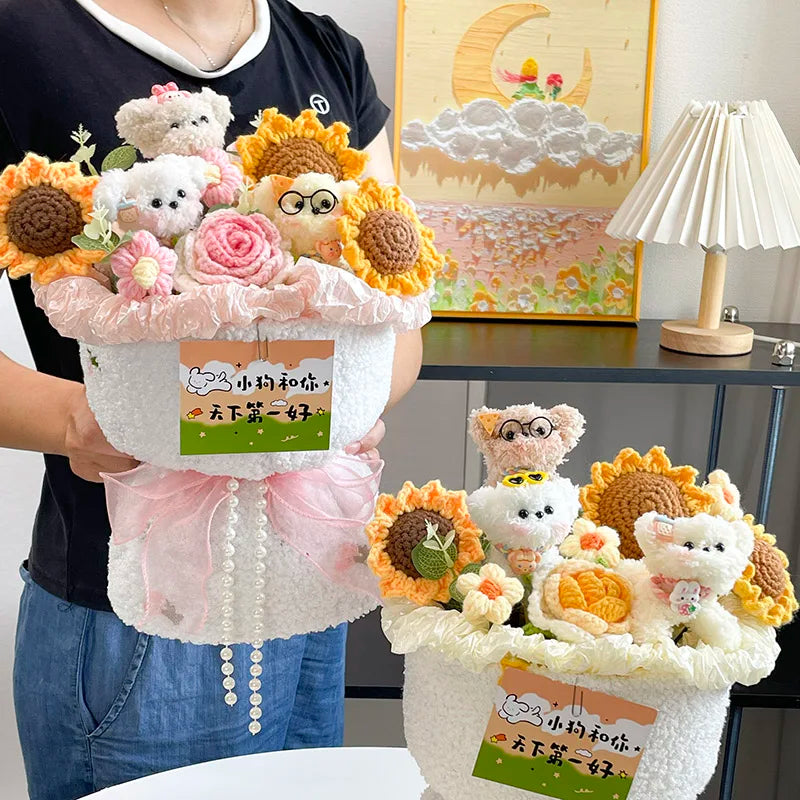 0083 Crochet Flower Bouquet – Handmade Sunflower & Rose Knitted Gift
