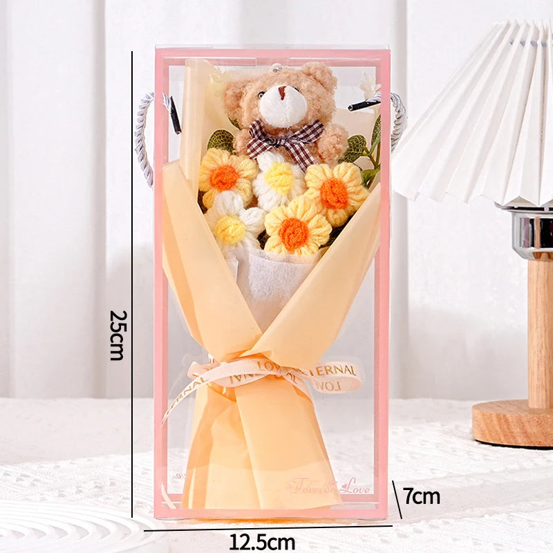0081 Crochet Flower Bouquet – Handmade Sunflower & Rose Knitted Gift