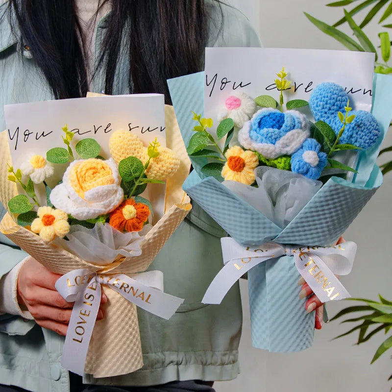 0085 Knitted Rose Bouquet – Heart Crochet Flowers for Mother’s Day & Graduation