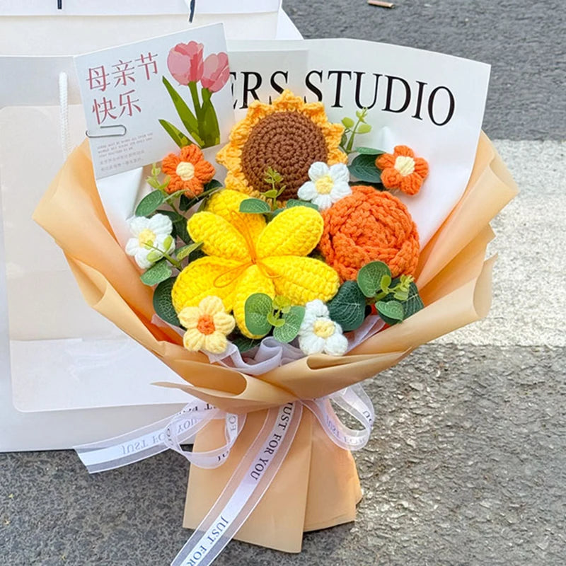 00821 Crochet Flower Bouquet – Handmade Sunflower & Rose Knitted Gift