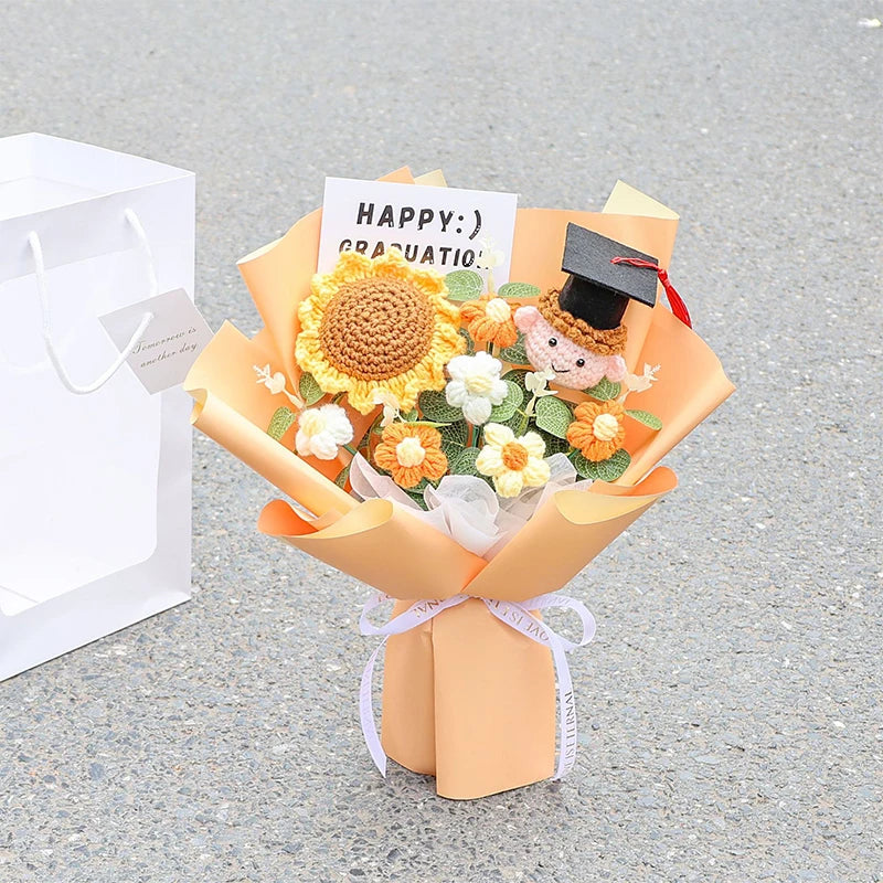 0079 Hand-Crocheted Sunflower Graduation Bouquet – Unique Handmade Gift & Party Decoration