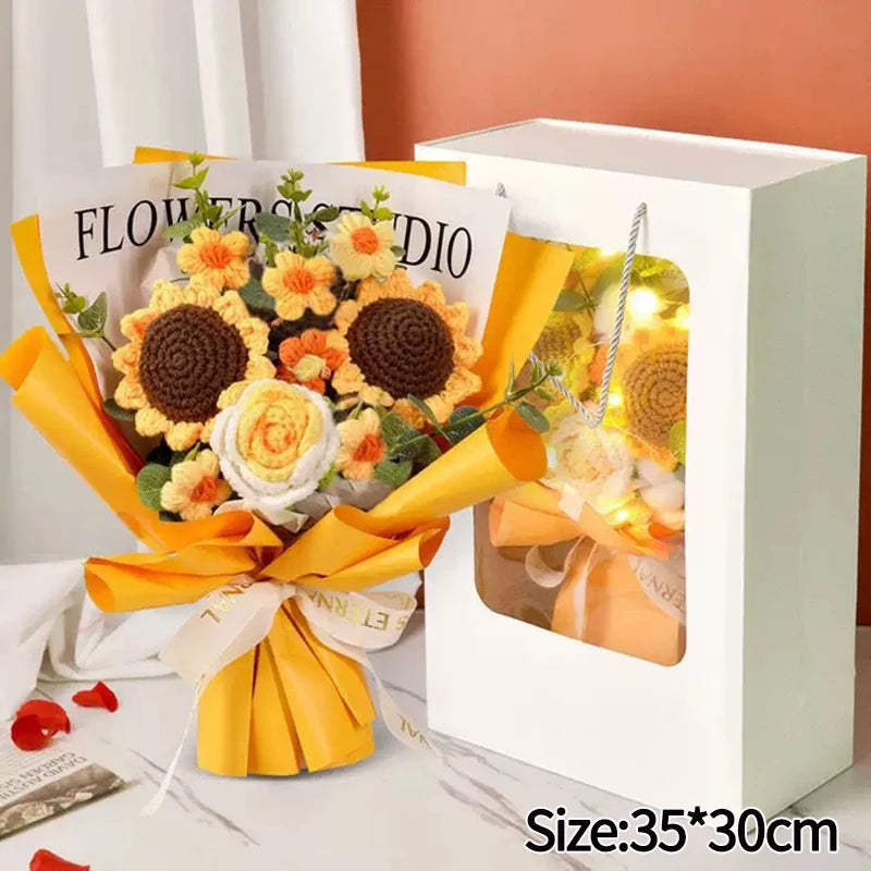 00821 Crochet Flower Bouquet – Handmade Sunflower & Rose Knitted Gift