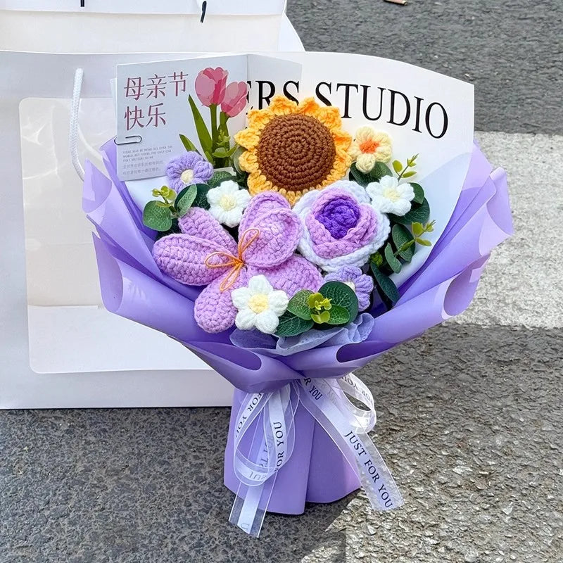 00821 Crochet Flower Bouquet – Handmade Sunflower & Rose Knitted Gift
