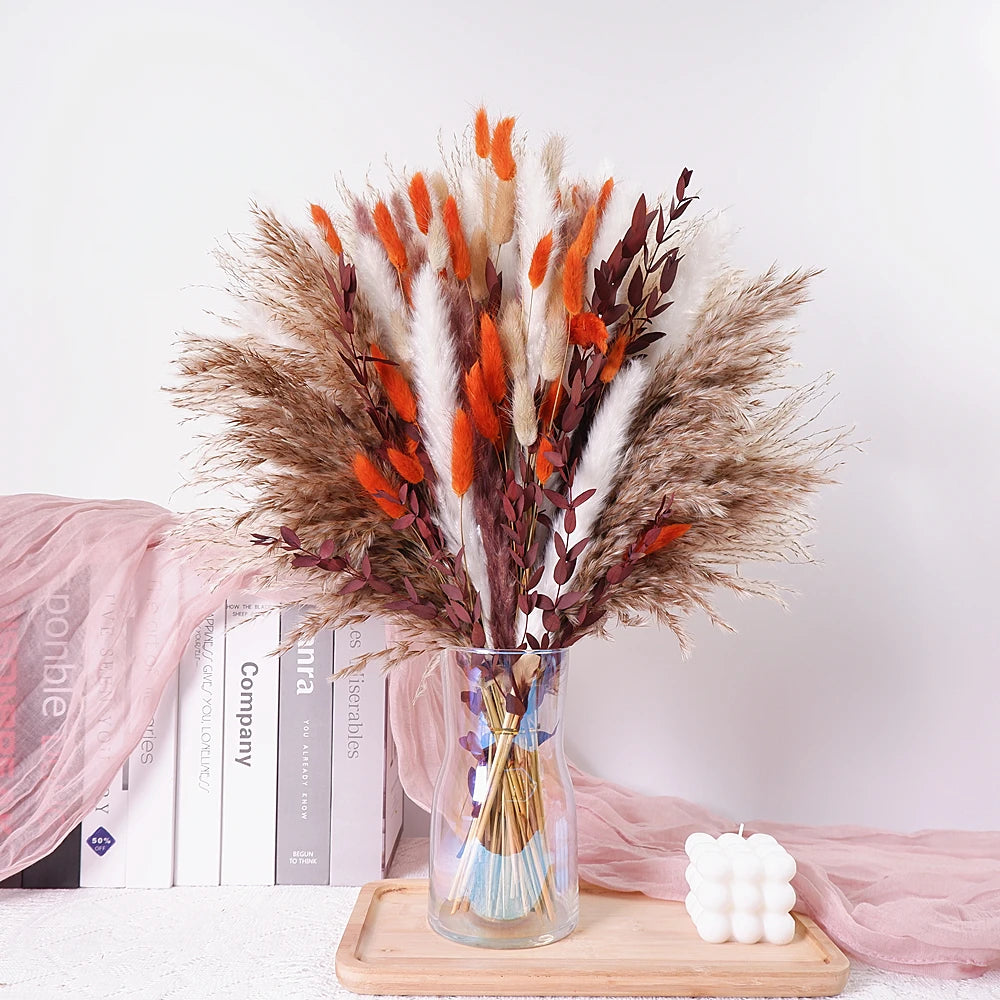 0091 Dried Pampas Grass Bouquet – 80–110 Pcs with Bunny Tails & Reed Grass for Wedding & Boho Décor