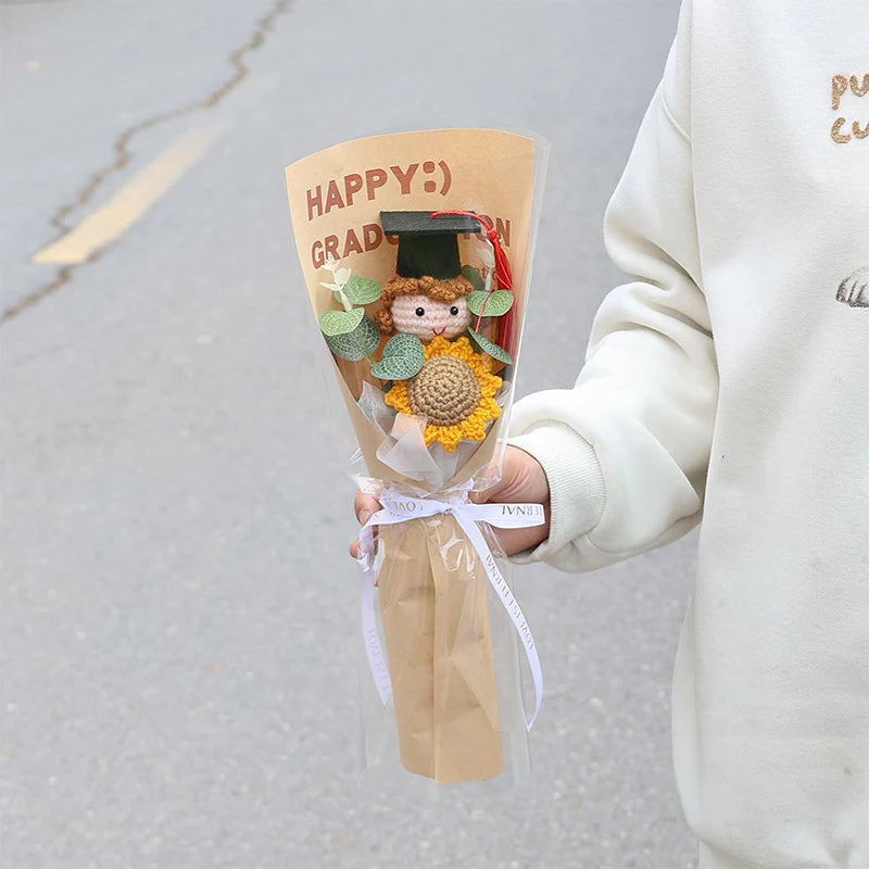 0078 Hand-Crocheted Sunflower Graduation Bouquet – Unique Handmade Gift & Party Decoration