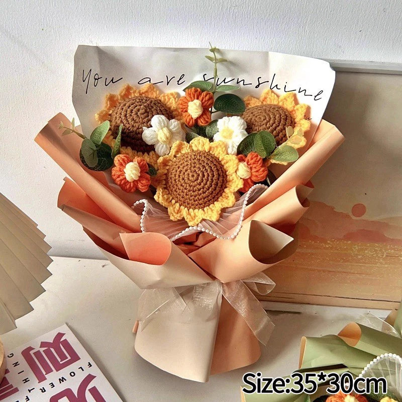 00821 Crochet Flower Bouquet – Handmade Sunflower & Rose Knitted Gift