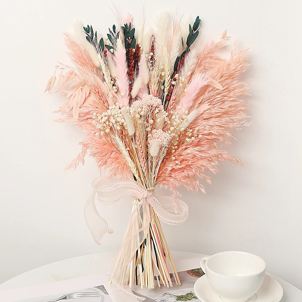 0076 Dried Artificial Flowers Pink Rose Pampas for Wedding Bridal Bouquet Head Table Florals Natural Gypsophila Valentine's Day Gifts