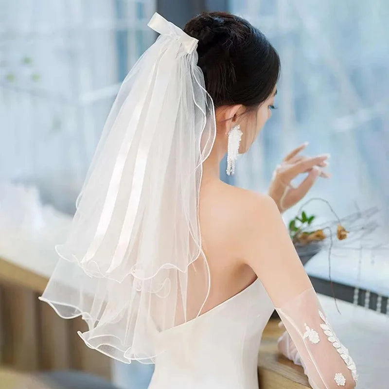 0086 Double-Layered Bow-Tied Headband – White Veil Bridal & Party Hair Accessory