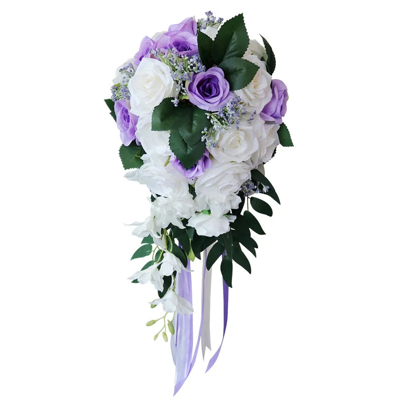0088 Waterfall Wedding Bridal Bouquet – Hand-Tied European Rose Artificial Flowers for Bridesmaids & Parties