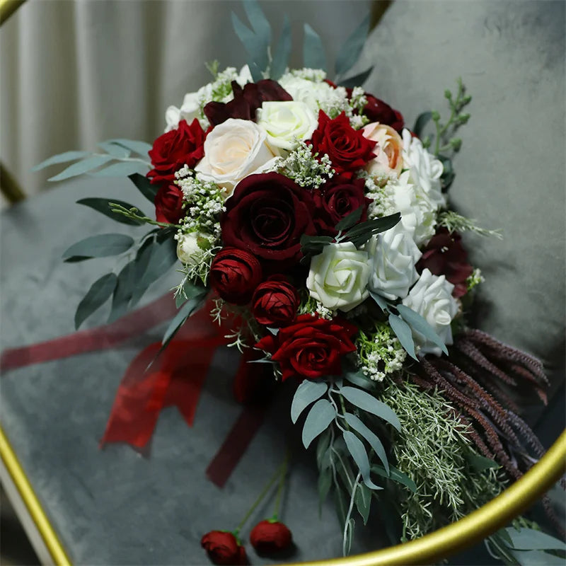 0088 Waterfall Wedding Bridal Bouquet – Hand-Tied European Rose Artificial Flowers for Bridesmaids & Parties