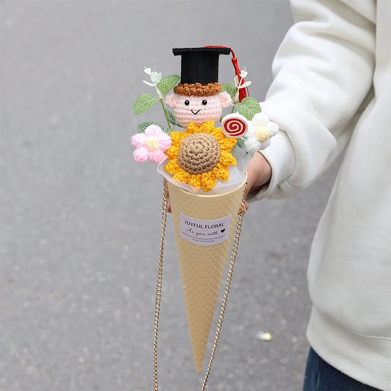 0078 Hand-Crocheted Sunflower Graduation Bouquet – Unique Handmade Gift & Party Decoration