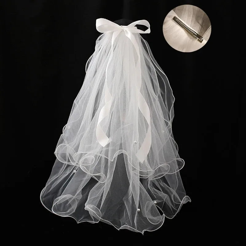 0086 Double-Layered Bow-Tied Headband – White Veil Bridal & Party Hair Accessory